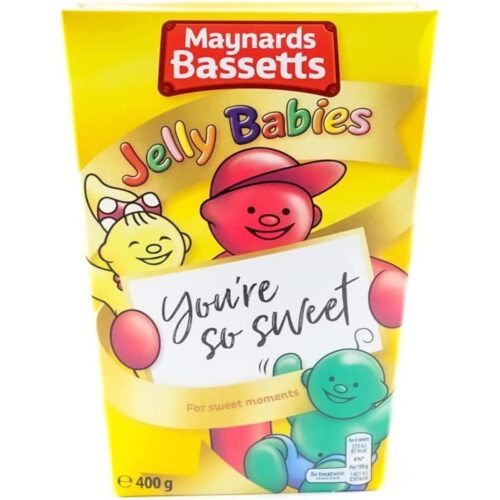 A 400g box of Maynard's jelly babies, with the slogan "you're so sweet" on the front